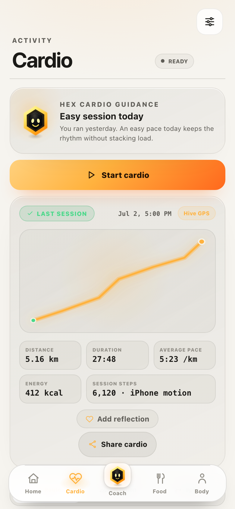 Hive Cardio screen with saved run summary