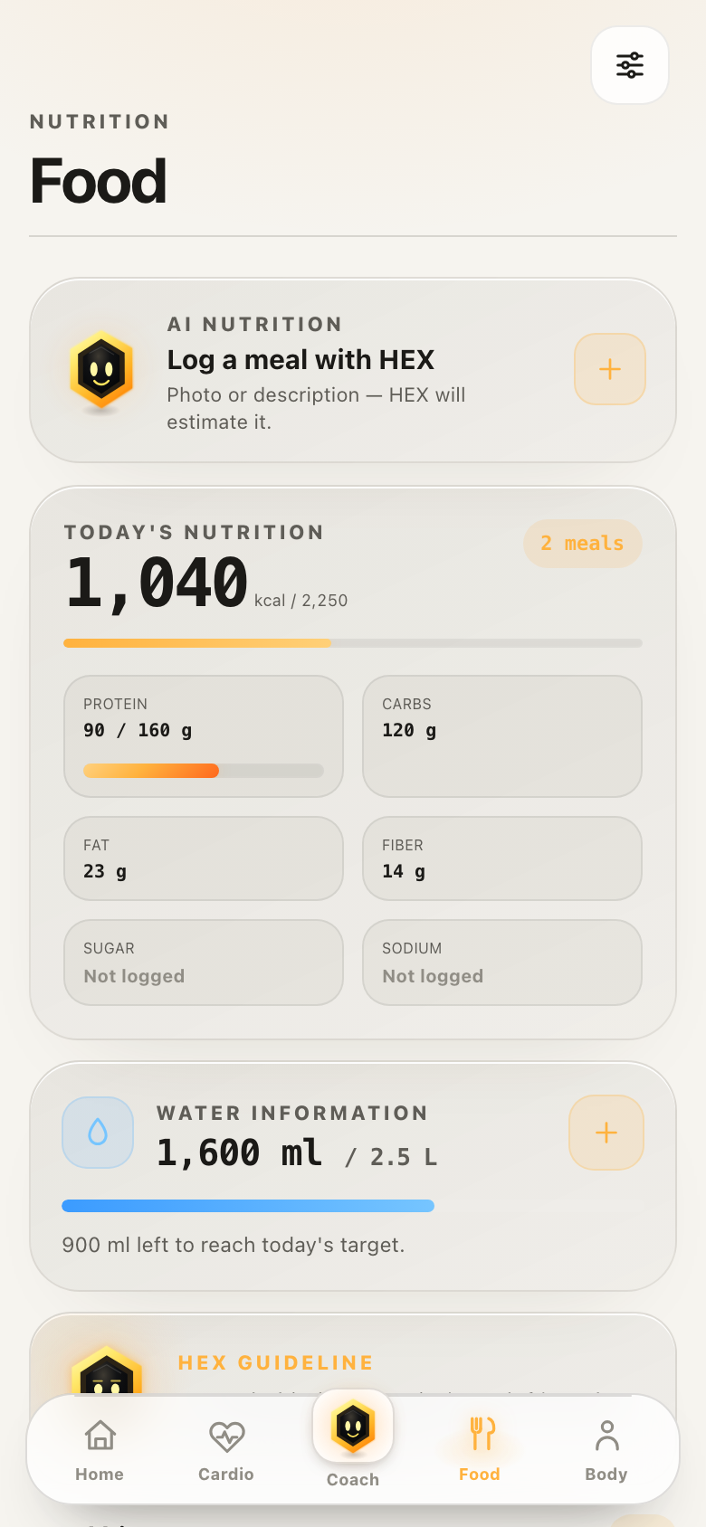 Hive Food logging screen