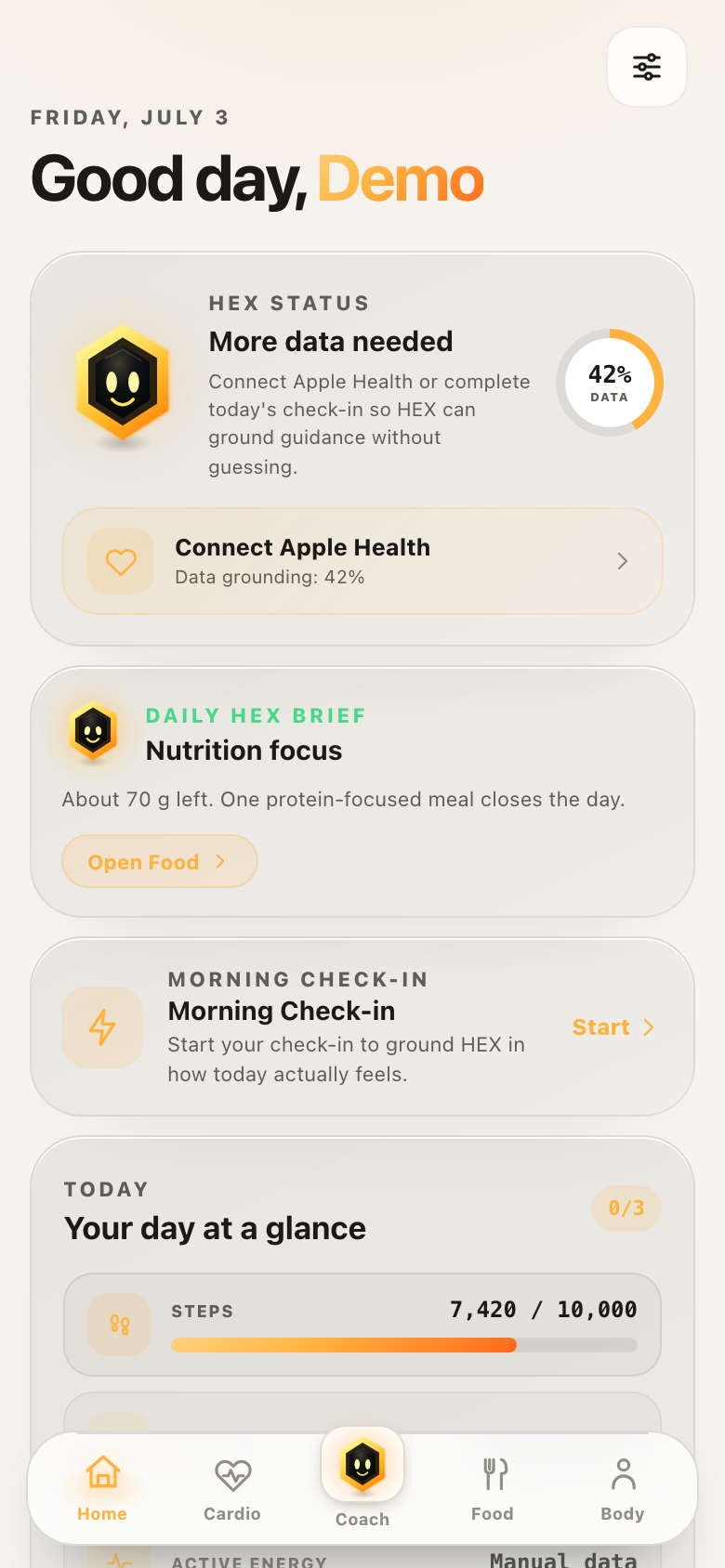 Hive Home screen with HEX daily brief